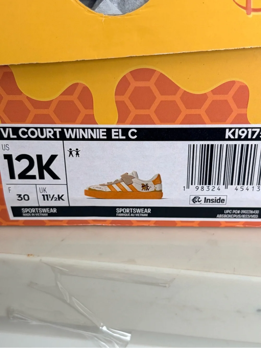Adidas VL Court Kids Winnie EL White & Yellow Tigger Sneakers - Velcro Closure